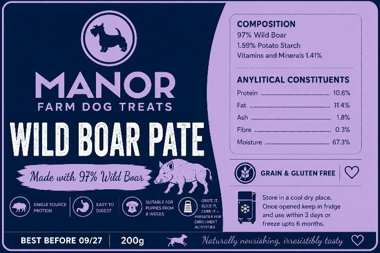 Manor Farm Pate, 9 Proteins, 2 weights, 97% Chicken, Salmon, Beef, Duck, Wild Boar, Goat, Venison, Lamb, Rabbit