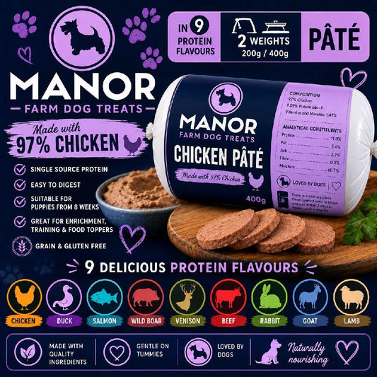 Manor Farm Pate, 9 Proteins, 2 weights, 97% Chicken, Salmon, Beef, Duck, Wild Boar, Goat, Venison, Lamb, Rabbit